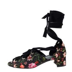 Erdem Black Floral Canvas Cut Out Lace Up Sandals Size 38
