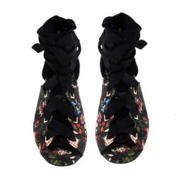 Erdem Black Floral Canvas Cut Out Lace Up Sandals Size 38