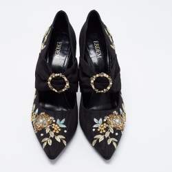 Erdem Black Canvas Embroidered Pumps Size 39