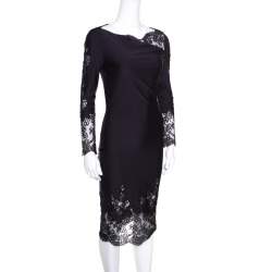 Ermanno Scervino Navy Blue Draped Neckline Lace Detail Fitted Midi Dress XS