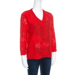 Ermanno Scervino Red Lace Paneled V Neck Sweater M