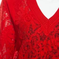Ermanno Scervino Red Lace Paneled V Neck Sweater M