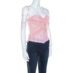Ermanno Scervino Pink Pleated Silk Frayed Detail Ruffled Corset Top M
