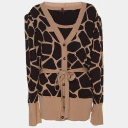 Pre Owned Escada Brown Printed Knit Button Front Sweater XL