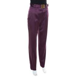 Escada Purple Stretch Satin Logo Belt Detail High Waist Tapered Trousers M