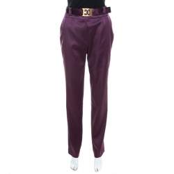 Escada Purple Stretch Satin Logo Belt Detail High Waist Tapered Trousers M