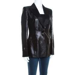 Escada Metallic Black Satin Trim Tailored Blazer L