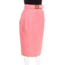 Pre Owned Escada Pink Slub Linen and Silk Logo Belt Detail High Waist Skirt M