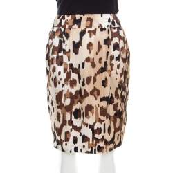 Escada Brown Abstract Camouflage Printed Silk Satin Skirt M 