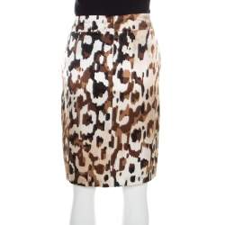 Escada Brown Abstract Camouflage Printed Silk Satin Skirt M 