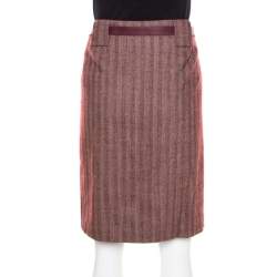 Pre Owned Escada Burgundy Herringbone Wool and Silk Knotted Leather Belt Detail Skirt M
