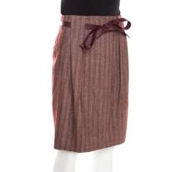 Pre Owned Escada Burgundy Herringbone Wool and Silk Knotted Leather Belt Detail Skirt M