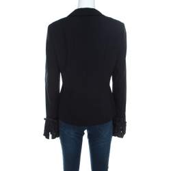 Escada Black Crepe Wool Embroidered Cuff Trim Button Front Blazer L