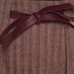 Pre Owned Escada Burgundy Herringbone Wool and Silk Knotted Leather Belt Detail Skirt XL
