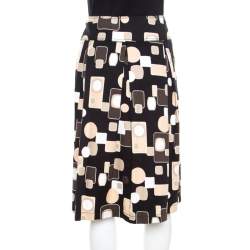 Escada Black Geometric Print Cotton Pleated Skirt L