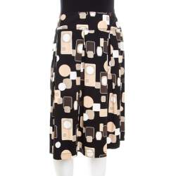 Escada Black Geometric Print Cotton Pleated Skirt L