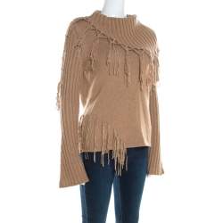 Pre Owned Escada Camel Brown Cashmere Wool Roll Neck Fringed Pullover M
