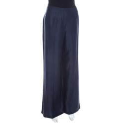 Pre Owned Escada Navy Blue Slub Silk and Linen High Waist Wide Leg Pants M