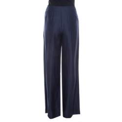 Pre Owned Escada Navy Blue Slub Silk and Linen High Waist Wide Leg Pants M