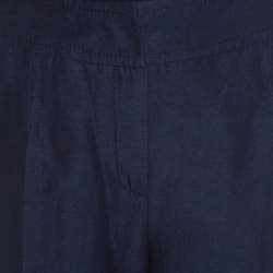Pre Owned Escada Navy Blue Slub Silk and Linen High Waist Wide Leg Pants M