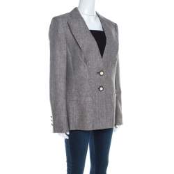 Pre Owned Escada Brown Basketweave Linen and Wool Faux Collar Tailored Blazer L