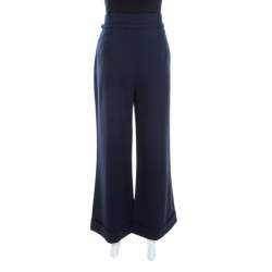 Pre Owned Escada Navy Blue Stretch Wool Crepe Belted High Waist Wide Leg Pants L