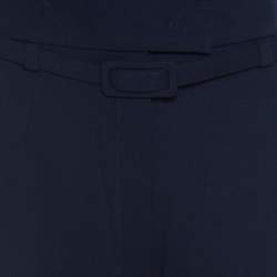 Pre Owned Escada Navy Blue Stretch Wool Crepe Belted High Waist Wide Leg Pants L