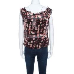 Pre Owned Escada Black Doodle Print Sheer Silk Ruffle Detail Smocked Sleeve Top L