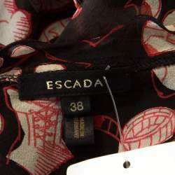 Pre Owned Escada Black Doodle Print Sheer Silk Ruffle Detail Smocked Sleeve Top L