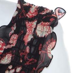 Pre Owned Escada Black Doodle Print Sheer Silk Ruffle Detail Smocked Sleeve Top L