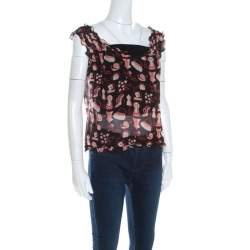 Pre Owned Escada Black Doodle Print Sheer Silk Ruffle Detail Smocked Sleeve Top L