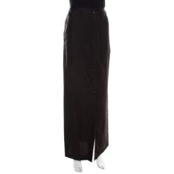 Escada Black Linen Silk Button Front Maxi Skirt M