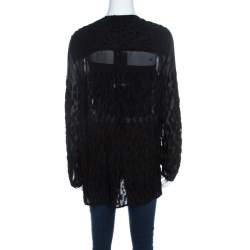 Escada Black Velvet Dobby Sheer Crepe Button Front Blouse M