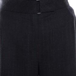 Escada Grey Contrast Broken Striped Stretch Wool High Waist Trousers M