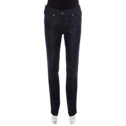 Pre Owned Escada Navy Blue Glitter Denim Metallic Piping Detail Straight Leg Jeans S