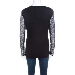Pre Owned Escada Black Lace Overlay Jersey Crystal Embellished Scoop Neck Erbrou Top XL