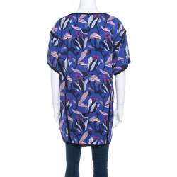 Escada Ink Blue Floral Print Silk Blend Naternia Tunic Top M