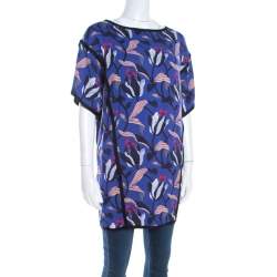 Escada Ink Blue Floral Print Silk Blend Naternia Tunic Top M