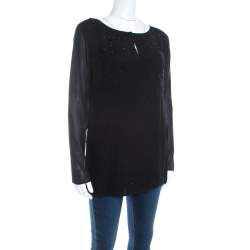 Pre Owned Escada Black Pintucked Pleat Silk Crystal Embellished Long Sleeve Blouse M