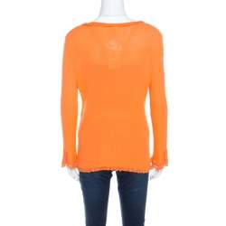 Escada Orange Rib Knit Crochet Trim Button Front Cardigan L