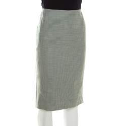Escada Green and White Mini Houndstooth Pattern Wool Rowena Pencil Skirt L
