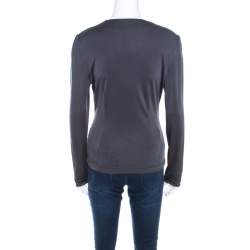 Escada Grey Silk Knit Ruched Crossover Front Long Sleeve Top M