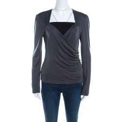 Escada Grey Silk Knit Ruched Crossover Front Long Sleeve Top M