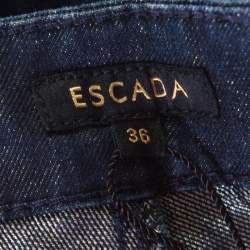 Pre Owned Escada Indigo Lurex Insert Denim Contrast Piping Detail Straight Leg Jeans M