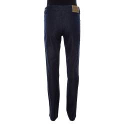 Pre Owned Escada Indigo Lurex Insert Denim Contrast Piping Detail Straight Leg Jeans M