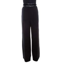 Pre Owned Escada Black Wool Crepe Faux Leather and Velvet Trim Wide Leg Pants XL