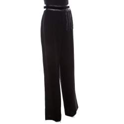 Pre Owned Escada Black Wool Crepe Faux Leather and Velvet Trim Wide Leg Pants XL