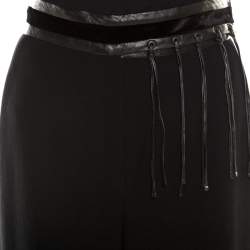 Pre Owned Escada Black Wool Crepe Faux Leather and Velvet Trim Wide Leg Pants XL