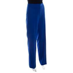 Escada Cobalt Blue Textured Wool and Silk High Waist Tanja Trousers L