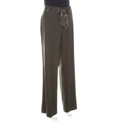 Pre Owned Escada Military Green Wool Crepe Satin Waist Tie Detail Wide Leg Pants L